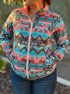 Women's Turquoise & Pink Aztec Soft-Shell Jacket- Rock&Roll Denim