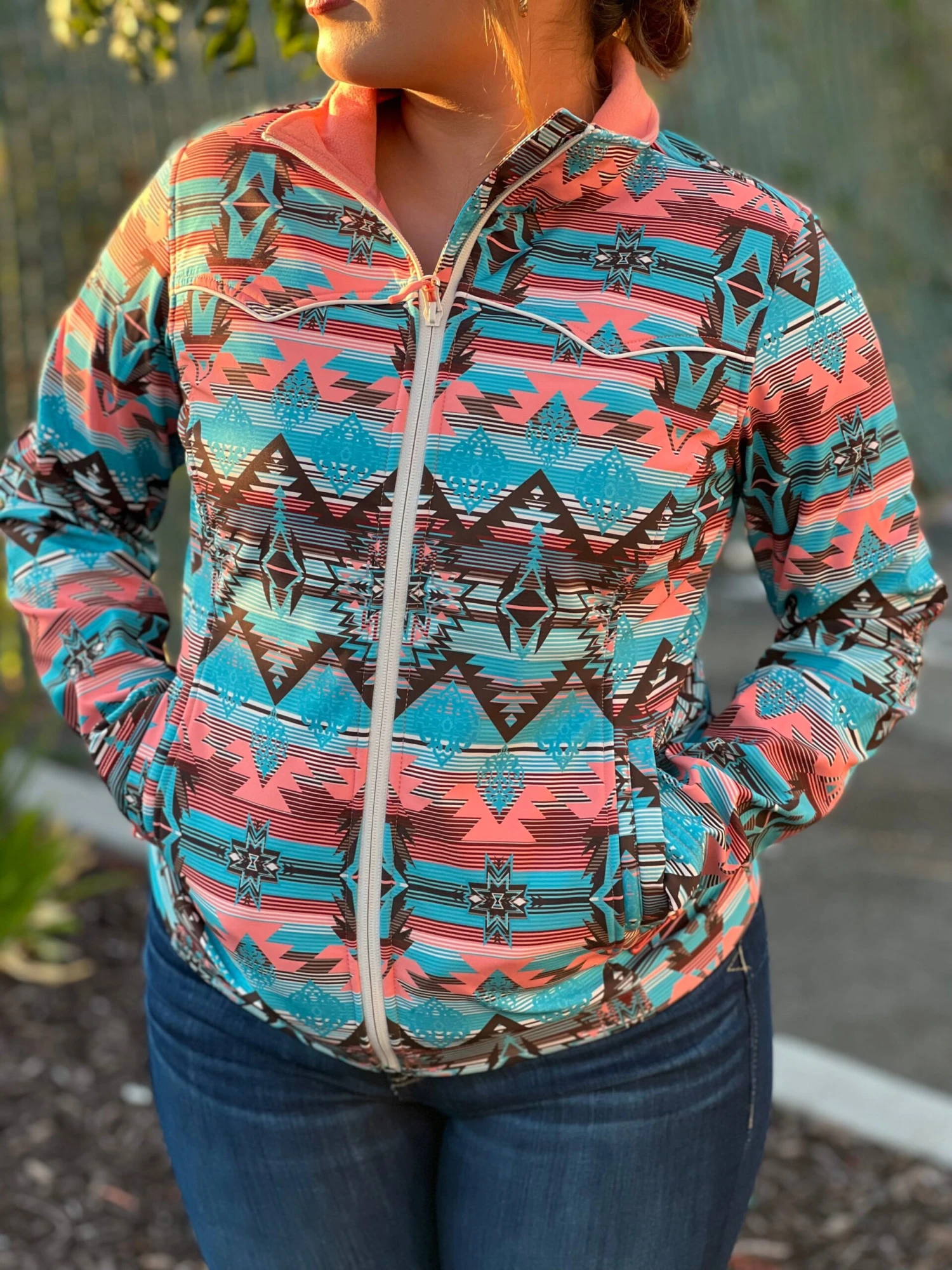 Women's Turquoise & Pink Aztec Soft-Shell Jacket- Rock&Roll Denim 1 Women's Turquoise & Pink Aztec Soft-Shell Jacket- Rock&Roll Denim