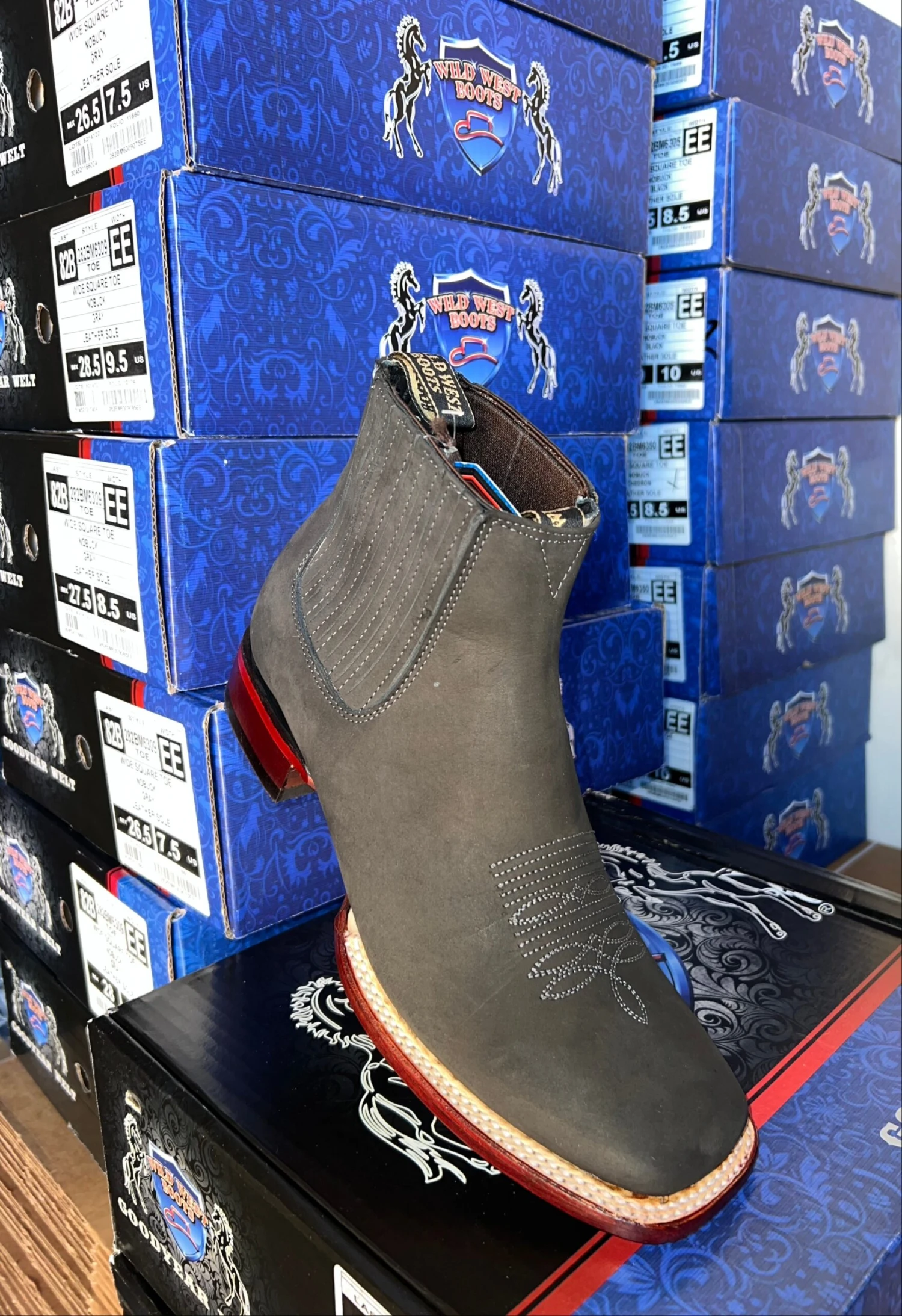 Wild West Nobuk Charcoal Wide Square Toe Botin Charro 4 Wild West Nobuk Charcoal Wide Square Toe Botin Charro - Image 4