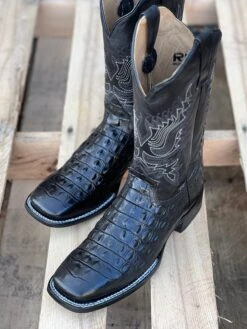 Reyme Black Caiman Print Leather Sole Wide Square Toe Cowboy Boot