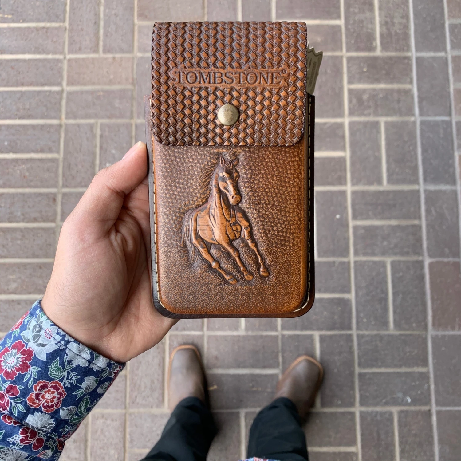 Tombstone Leather Tooled Dark Brown Horse Cell Phone Case 1 Tombstone Leather Tooled Dark Brown Horse Cell Phone Case