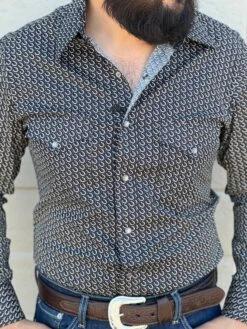 Rock And Roll Horseshoe Print Snap Long Sleeve Shirt