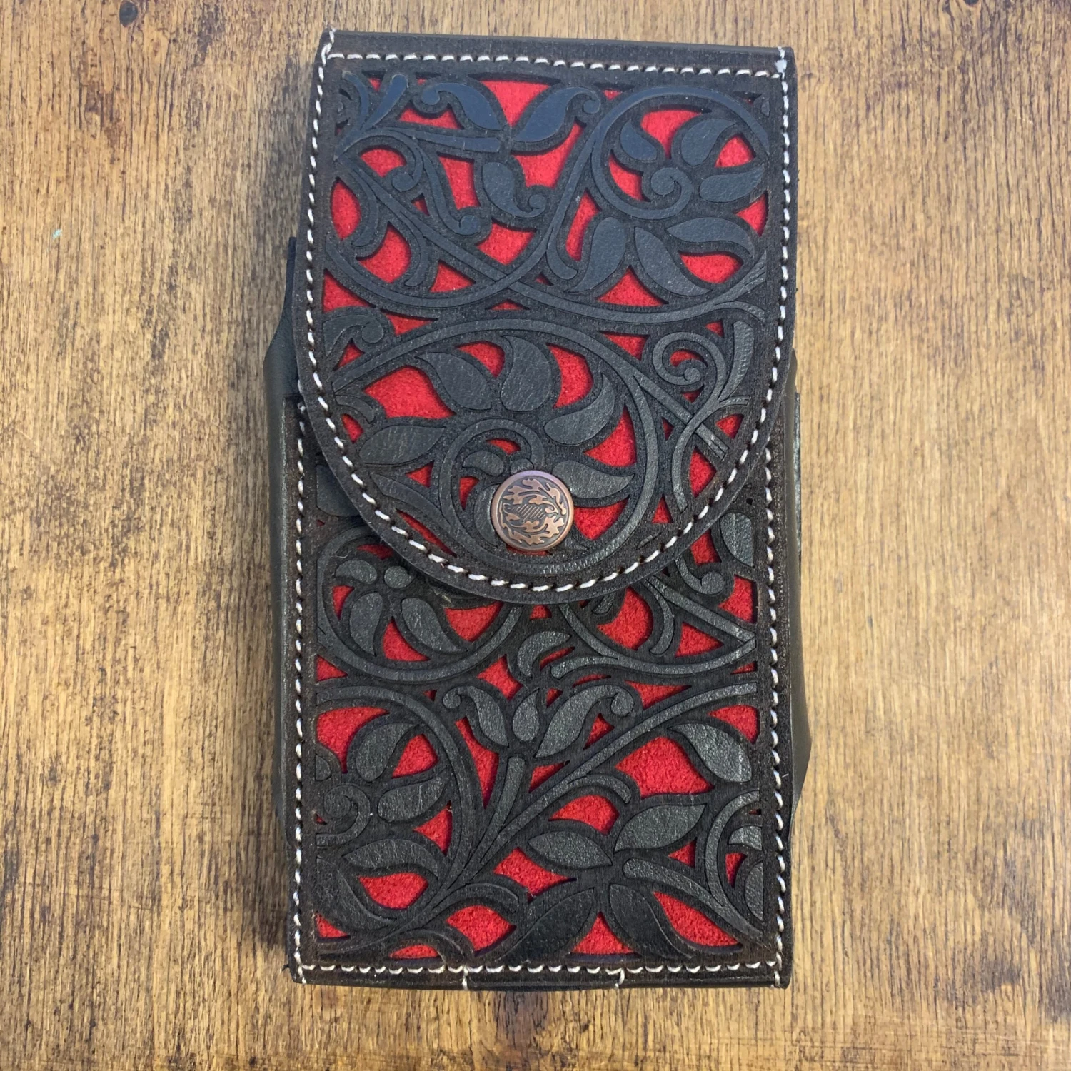 Leather Tooled Black / Red Cell Phone Case 1 Leather Tooled Black / Red Cell Phone Case