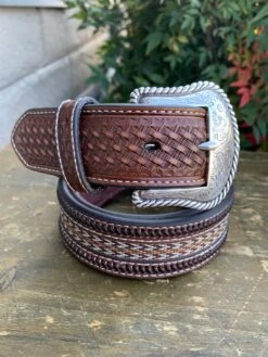 Nocona Western Belt Mens Braided Inlay Basketweave Tooled