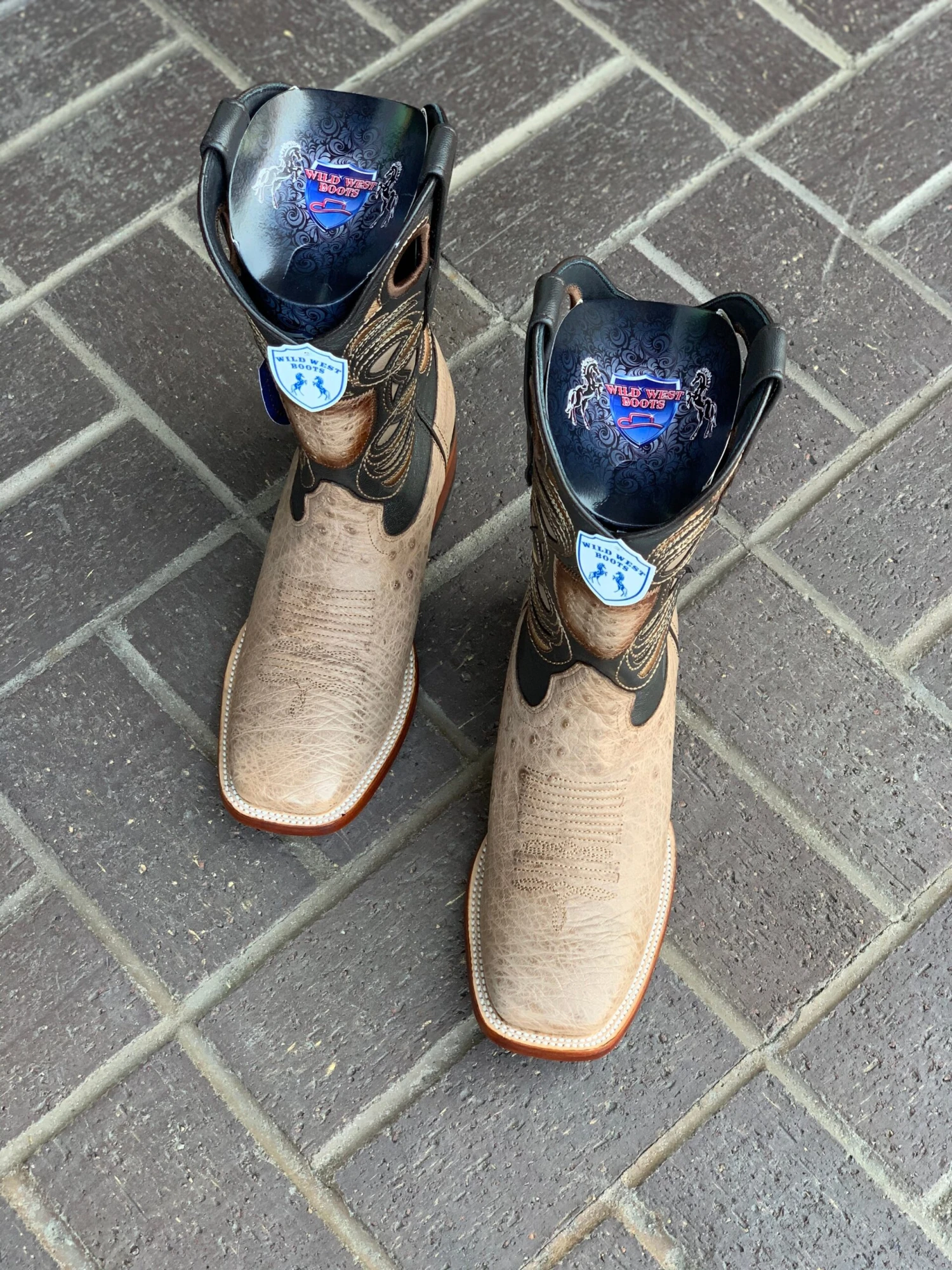 Wild West Mocha Ostrich Belly Wide Square Toe Cowboy Boots 2 Wild West Mocha Ostrich Belly Wide Square Toe Cowboy Boots - Image 2