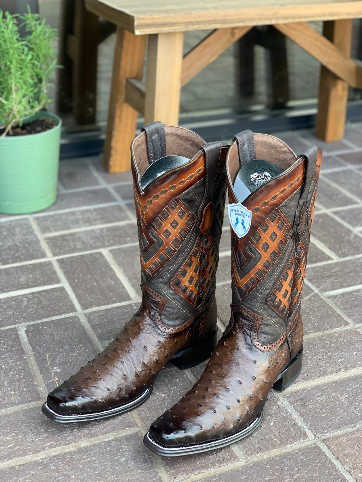 Wild West Faded Brown Ostrich European Square Toe Cowboy Boots 1 Wild West Faded Brown Ostrich European Square Toe Cowboy Boots
