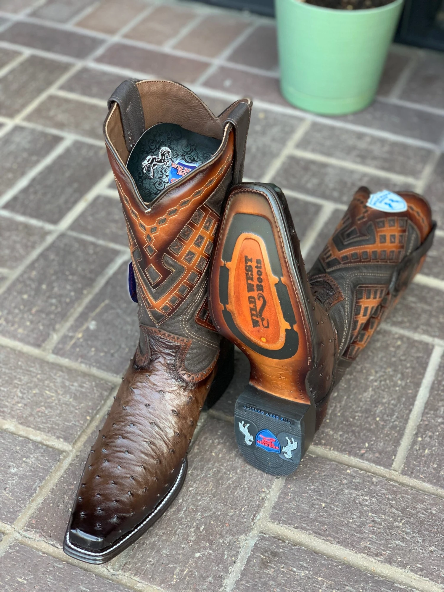 Wild West Faded Brown Ostrich European Square Toe Cowboy Boots 2 Wild West Faded Brown Ostrich European Square Toe Cowboy Boots - Image 2