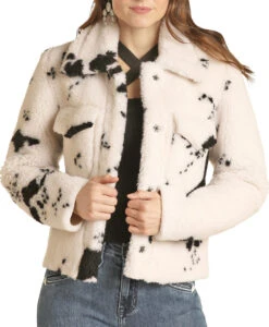 Women's Cow Print Micro Berber Jacket