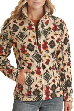 Women's Natural Aztec Floral Soft-Shell Jacket- Rock&Roll Denim -Western Cowboy Clothing PRWO92RZY1Z 38485