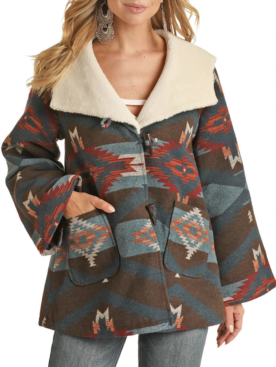 Women's Aztec Wool Jacquard Cape Coat- Rock&Roll Denim 6 Women's Aztec Wool Jacquard Cape Coat- Rock&Roll Denim - Image 6